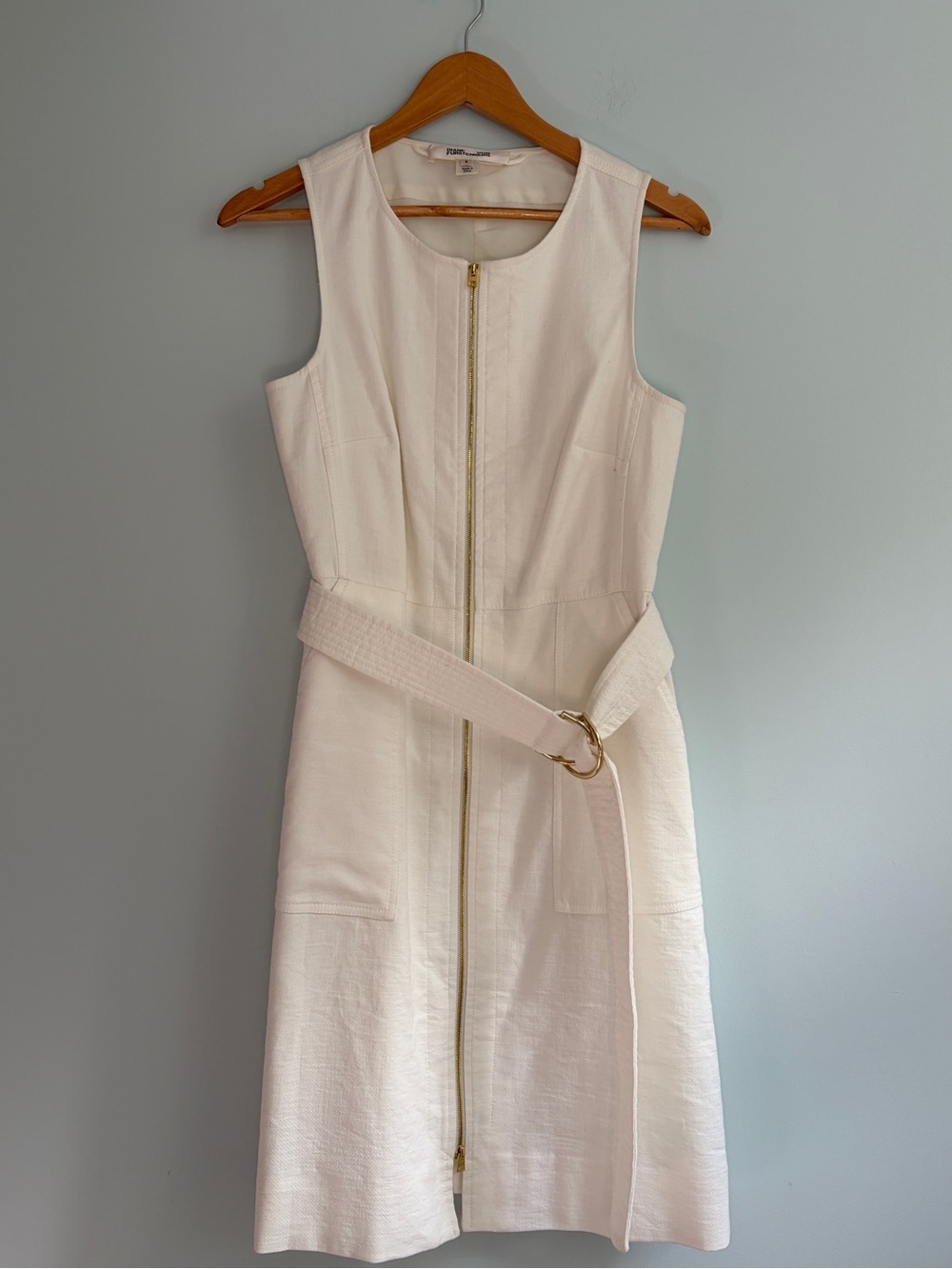 Diane Von Furstenberg White Cream Cotton Linen Sleeveless Dress Pockets Size 6 - Picture 5 of 16